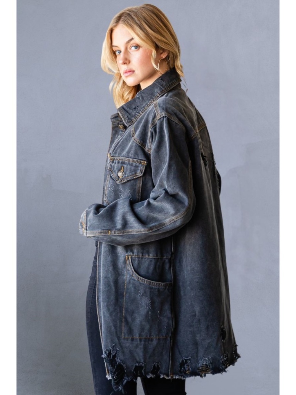 Denim Distressed Oversized Black Jacket- NWOT - Picture 4 of 6